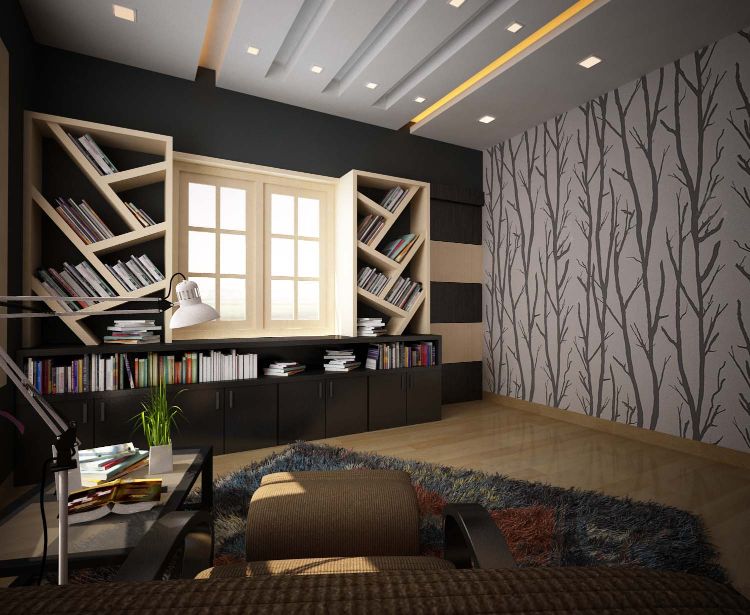 Study Room With Modern Bookself and Wallpaper